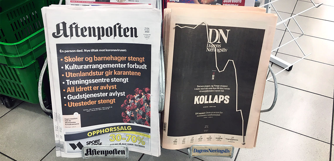 Avisforsidene til Aftenposten og Dagens Næringsliv fredag 13. mars 2020.